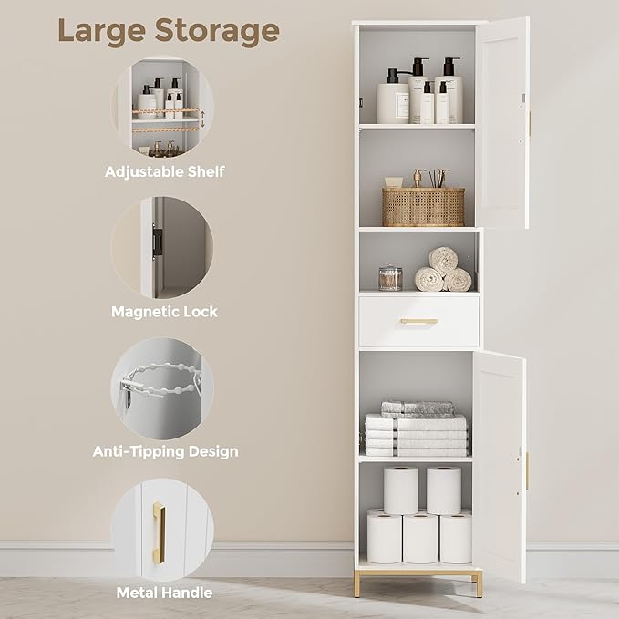 Homhedy 67" H Bathroom Storage Cabinet, Tall Bathroom Cabinet, White | Narrow Cabinet with Doors and Drawer, Adjustable Shelves, Floor Cabinet for Bathroom, Living Room, Kitchen, Dining Room