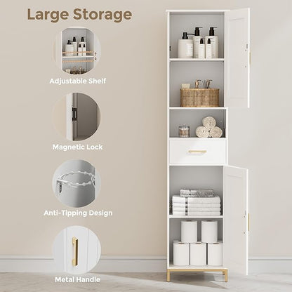 Homhedy 67" H Bathroom Storage Cabinet, Tall Bathroom Cabinet, White | Narrow Cabinet with Doors and Drawer, Adjustable Shelves, Floor Cabinet for Bathroom, Living Room, Kitchen, Dining Room