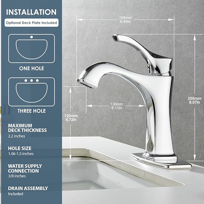 Chrome Bathroom Faucet, Sanliv Single Handle Centerset Bathroom Sink Faucet with Pop-Up Drain & Deck Plate for 1 or 3-Hole (4 inch) Installation, Modern Farmhouse Vanity Faucet, Polished Chrome