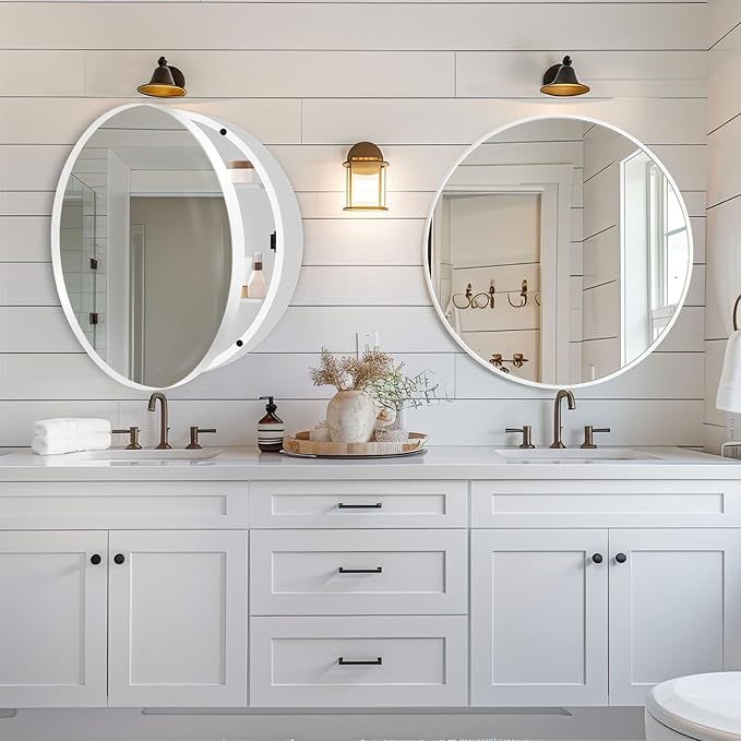 20 Inch Round Medicine Cabinet with Mirror, White Bathroom Medicine Cabinet for Wall Metal Framed, Surface Mount Only Circular Storage Cabinet with Vanity Mirror
