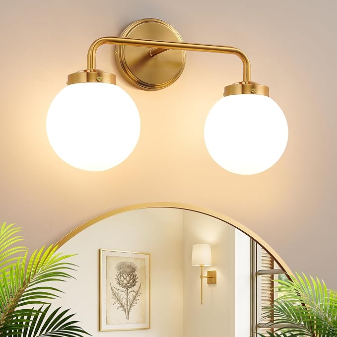 Modern Brushed Gold Vanity Lights for Bathroom, Mid Century 2 Light Bathroom Vanity Light with Globe Milky White Glass Shade Over Mirror, Brass Wall Sconce for Bathroom Hallway Living Room Bedroom