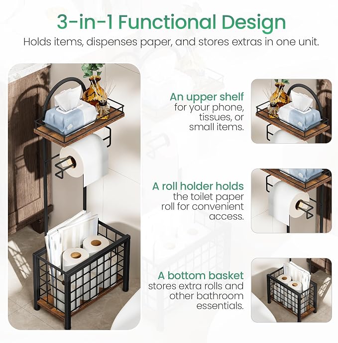 Toilet Paper Holder Stand, Freestanding Toilet Paper Holder with Shelf & Basket, Bathroom Tissue Organizer for Small Space, 3-Tier Storage for Bath Toilet Office Rustic Brown and Black TTS70BF