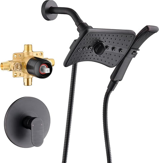 BRIGHT SHOWERS Dual Shower Head System with Handheld and Rainfall Shower, Shower Faucet Set with Valve and Trim Kit, Includes 79-Inch Stainless Steel Hose, Oil-Rubbed Bronze