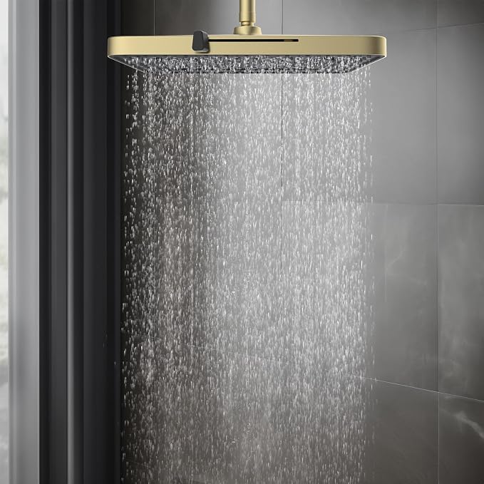 Hibbent 5 Spray Modes Shower Head, 13'' High Pressure Rain Shower Head, Large Rainfall Showerhead for Bathroom, High Flow Waterfall Fixed Showerheads with Adjustable Swivel Ball Joint, Brushed Gold