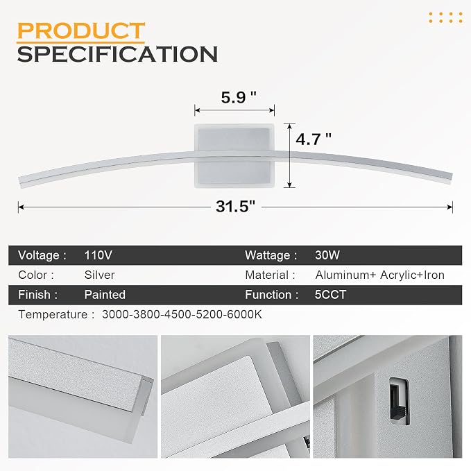 Benkut Modern LED Wall Sconce Silver LED Bathroom Light Fixtures Over Mirror Wall Lighting for Bathroom, Dimmable Long Vanity Light for Bathroom Living Dining Room(5CCT 31.5Inch)
