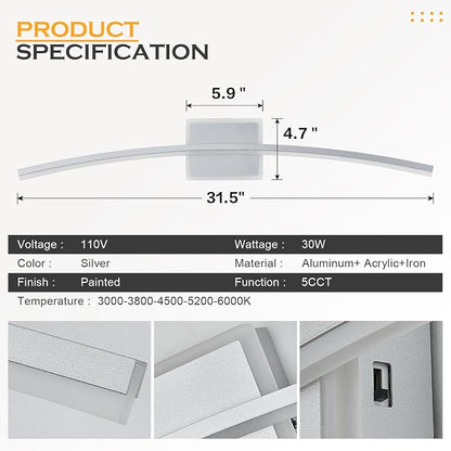 Benkut Modern LED Wall Sconce Silver LED Bathroom Light Fixtures Over Mirror Wall Lighting for Bathroom, Dimmable Long Vanity Light for Bathroom Living Dining Room(5CCT 31.5Inch)