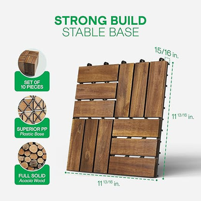Idzo Interlocking Deck Tiles 9.6 SQFT - 10PCS Waterproof Acacia Wood Patio, Flooring Panels for Indoor and Outdoor - Decking Checker Pattern, 11.81 x 11.81 x 0.91 Inches, Golden