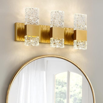 Gold Bathroom Vanity Light Fixtures Bathroom Light Fixtures Over Mirror 3-Light 4000K LED Crystal Wall Sconces Modern 30W Brushed Hardwired Wall Lights for Bathroom Bedroom Living Room