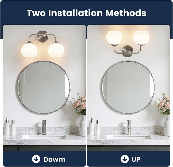 RUIYEY Bathroom Vanity Light Fixtures: 2-Lights Vanity Lighting Fixtures with Frosted Milky Glass Shades, Hardwired 15.9 in Brushed Nickel Vanity Lights Over Mirror (Exclude E26 Bulb)