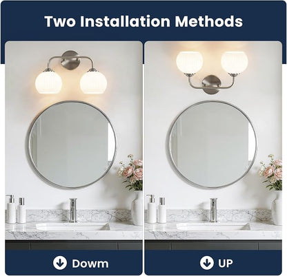 RUIYEY Bathroom Vanity Light Fixtures: 2-Lights Vanity Lighting Fixtures with Frosted Milky Glass Shades, Hardwired 15.9 in Brushed Nickel Vanity Lights Over Mirror (Exclude E26 Bulb)