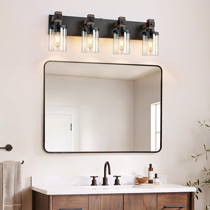 Farmhouse Bathroom Vanity Light Fixture, 4 Light Black Wood Over Mirror | Matte Black Metal & Wood with Clear Glass Shade, 4 Ligh Vanity Light Fixture Over Mirror for Farmhouse Industrial Bathroom