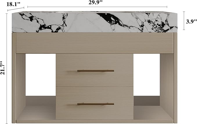 30 inch Modern Floating Bathroom Vanity with Sintered Stone Top Ceramic Undermount Sink, Wall-Mounted Bathroom Vanity Cabinet with 2 Soft Closing Drawers, Open Storage Shelf, Bronze Handles, Natural