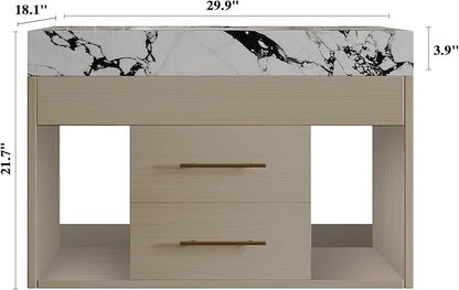 30" Bathroom Vanity with Sink Set, Modern Oak Wall Mounted Bathroom Vanity Cabinet with Sintered Stone Top&Gold Handle 2 Drawers&2 Open Storage, Single Sink Floating Bathroom Vanity