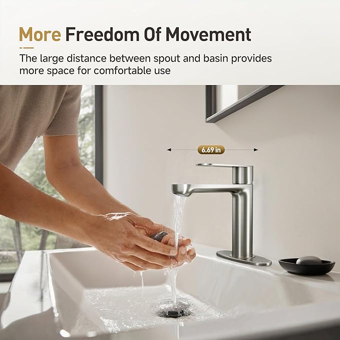Single Hole Bathroom Faucet | 6.7" Brushed Nickel Single Handle Bathroom Faucet with 304 Stainless Steel Body, Spot-Free Finish & Anti-Splash | Premium Ceramic Valve, Easy Installation