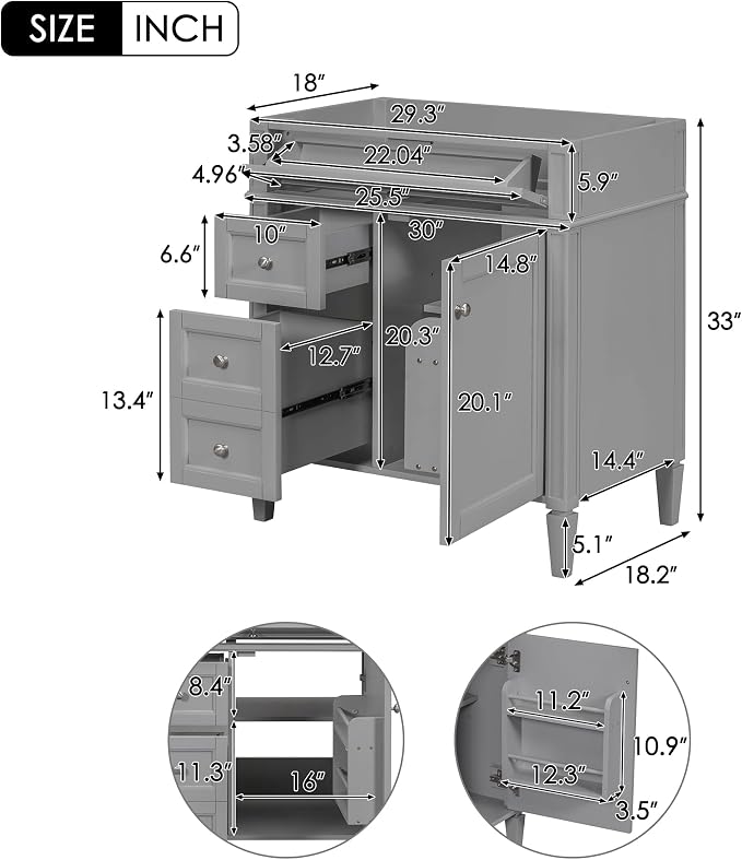 30" Bathroom Vanity Without Top Sink,Modern Freestanding Bath Storage Cabinet with 2 Soft-Close Drawers & Tip-Out Tray,Solid Wood Vanity Only w/Adjustable Shelf & Door Organizer,Grey