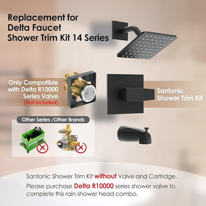 Replacement for Delta Shower Trim Kit 14 Series, Bath Tub Matte Black Shower Faucet Set, 6-Inch Black Shower Head and Handle Set(Valve/Cartridge Not Included)