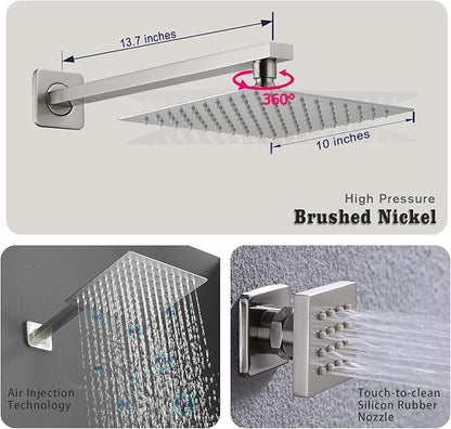 Full Body Shower System Concealed Shower Faucet Set with Body Massage Jets 10 Inch Shower Head Trim Kit 3 Function Wall Mount High Pressure for Bathroom
