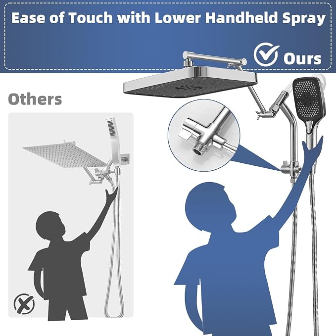 14" High Pressure Rain/Rainfall Shower Heads With Handheld Spray Combo (3+1 Settings & Built-in Power Wash Mode), Double/Dual Shower Head With Handheld - Height/Angle Adjustable(Polished Chrome)