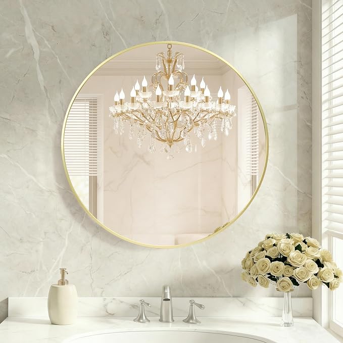 DUMOS 24 Inch Round Wall Mirror, Bathroom Mirror, Gold | Metal Frame, HD Reflection Shatterproof Glass Vanity, Decor for Bathroom Vanity Bedroom Entryway