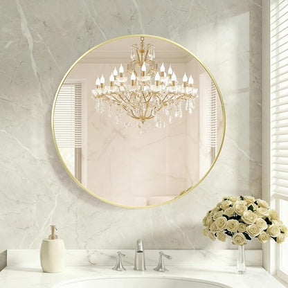 DUMOS 24 Inch Round Wall Mirror, Bathroom Mirror, Gold | Metal Frame, HD Reflection Shatterproof Glass Vanity, Decor for Bathroom Vanity Bedroom Entryway