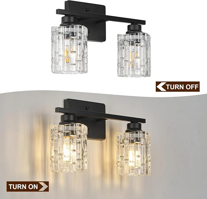 Refice 2-Light Bathroom Vanity Lights Crystal Glass, Black | Bathroom Light Fixtures Vanity Lighting Over Mirror for Living Room Farmhouse, Hallway