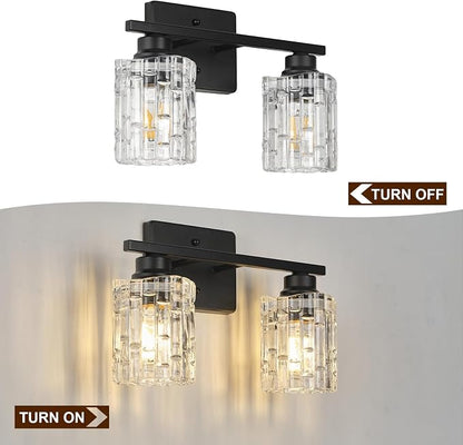 Refice 2-Light Bathroom Vanity Lights Crystal Glass, Black | Bathroom Light Fixtures Vanity Lighting Over Mirror for Living Room Farmhouse, Hallway