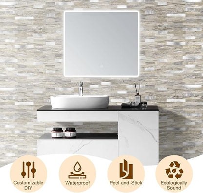 Peel and Stick Backsplash Tile Waterproof Removable PVC Wall Sticker 3D Faux Stone Marble Brick White Accent Panels (Gray - Yellow Stone - Metal Silver, 20 Tiles - 9 sq. ft. (0.84 M²))