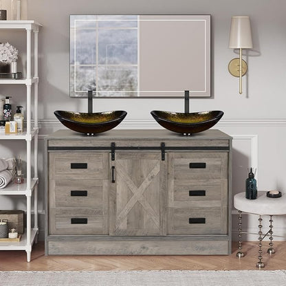48" Barn Door Bathroom Vanity with 6 Drawers, Farmhouse Style Standing Pedestal Cabinet with Two Gold Boat Glass Vessel Sinks