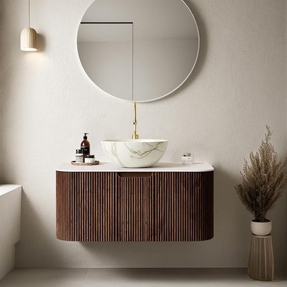 30 inch Floating Bathroom Vanity with Sink, Natural Solid Wood Modern Bathroom Vanities with Bowl Shape Ceramic Basin and Marble Top, Soft-Close Drawer, Pre-Assembled Cabinet, Dark Walnut