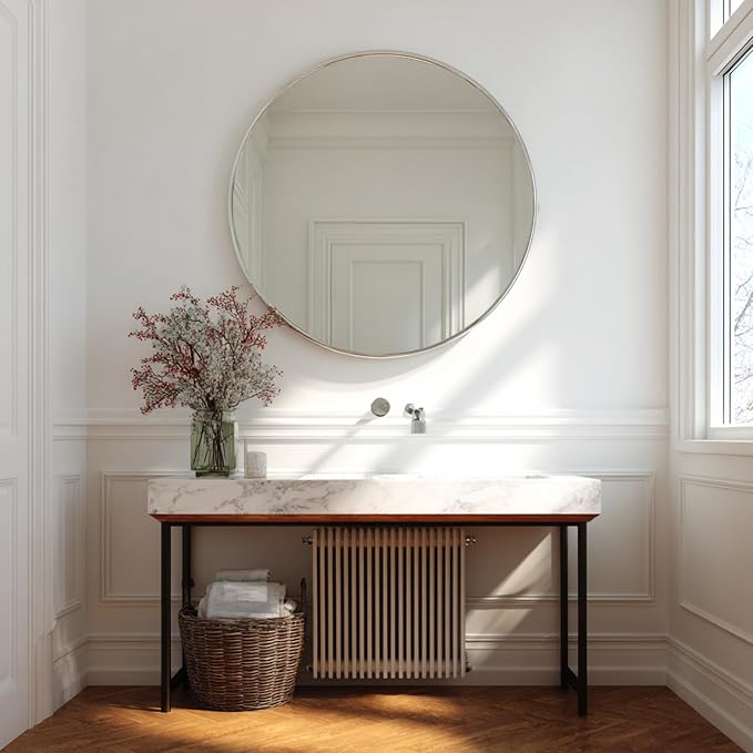 Big Bathroom Mirror 42 inch,Silver Wall Mirror,Brushed Metal Frame | Brushed Silver Metal Frame, High Definition Mirror, Rust-resistant, Circle Mirrors for Living Room, Bedroom, Dressing Room
