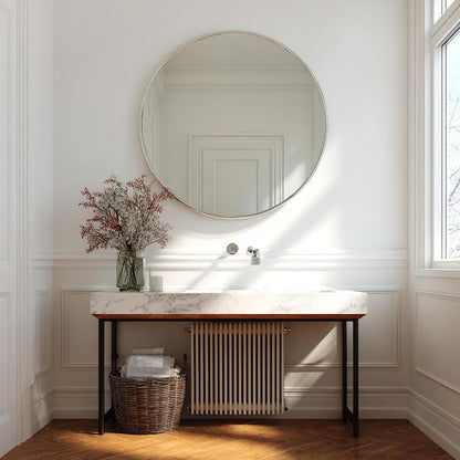 Large Circle Mirror 38 inch, Nickel Circle Mirror with Metal Frame | Brushed Nickel Metal Frame, High Definition, Waterproof, Easy Installation, Suitable for Dressing Room, Cloakroom, Bedroom,