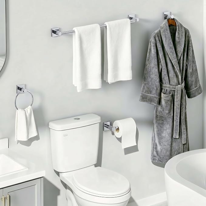 24-Inch Wall Mounted Towel Racks for Bathroom – Space Saver 4-Piece Durable Stainless Steel Bathroom Hardware Set with Towel Bar, Towel Ring, Toilet Paper Holder & Hook, Chrome