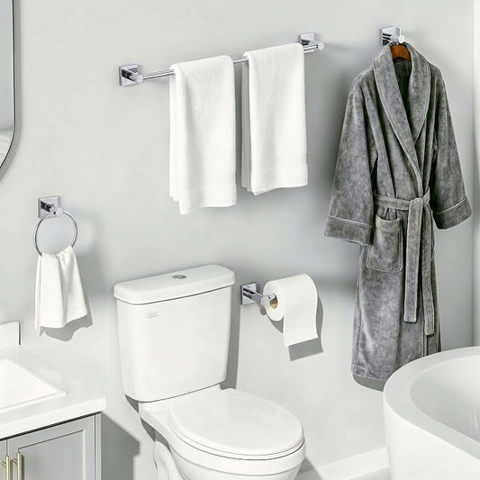 24-Inch Wall Mounted Towel Racks for Bathroom – Space Saver 4-Piece Durable Stainless Steel Bathroom Hardware Set with Towel Bar, Towel Ring, Toilet Paper Holder & Hook, Chrome