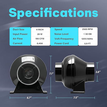iPower Grow Tent Ventilation System 4 Inch Inline Duct Ventilation Fan 195 CFM, Carbon Filter and 8 Feet Ducting and 1 Pair Rope, Circulation Vent Blower Air Filtration Kit