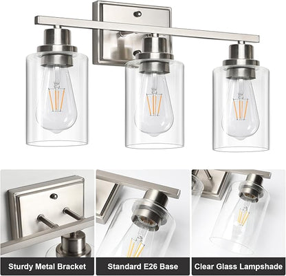 Unicozin 3 Light Bathroom Light Fixtures, Modern Vanity Lights Over Mirror, Brushed Nickel Wall Lamp with Clear Glass for Living Room Cabinet Bedroom Porch