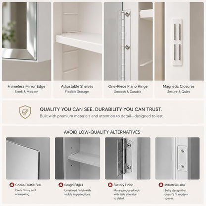 16x20 Plastic Medicine Cabinet with Mirror, Recessed or Surface Mount | 2 adjustable shelves, beveled mirror, soft-close reversible door, 95% assembled; cutout 13.8"W x 17.9"H x 3"D