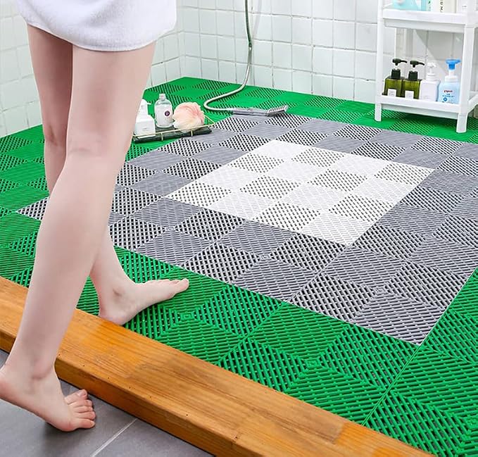 SOUJOY 12 Pieces Modular Interlocking Cushion, 11.6" x 11.6" Rubber Floor Tiles with Holes, Non-Slip Splicing Drainage Mat for Pool Shower Bathroom Kitchen Patio Balcony Yard Pet Area