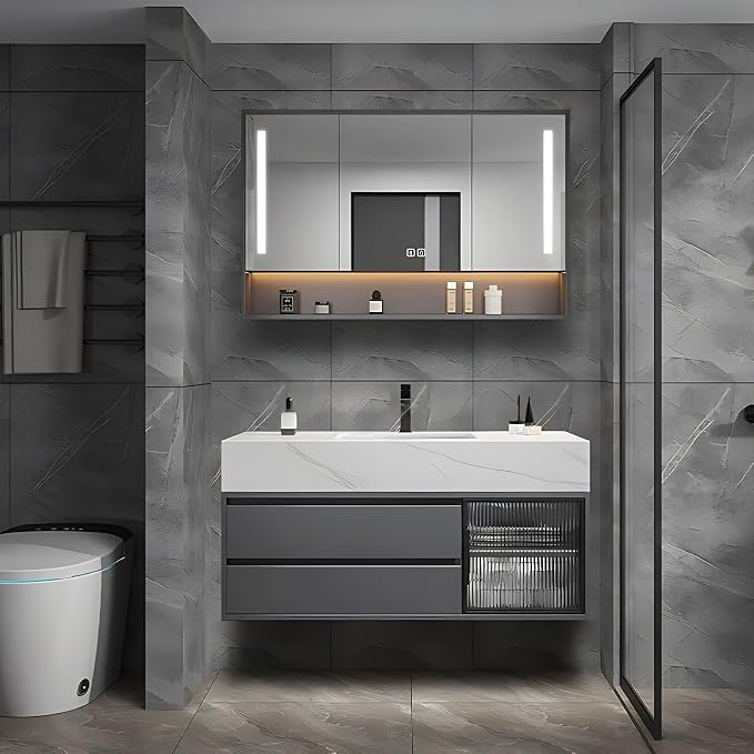 24" Floating Bathroom Vanity,Bathroom Vanity with Sink Set Includes Open LED Smart Defog Mirror Cabinet, Modern Bath Vanity with Drawers,Wall-Mounted Bathroom Vanities,Dark Grey