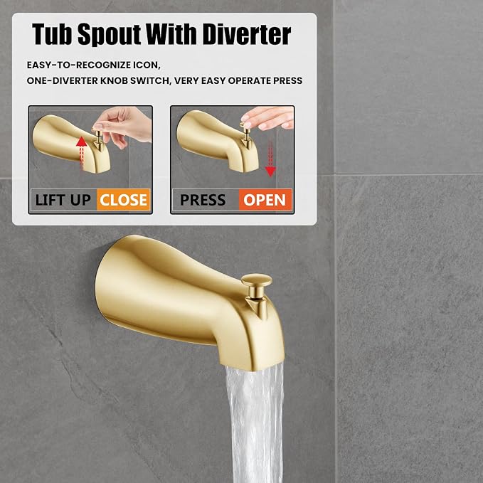 Heyalan 6 Inch Shower Faucet Set with Tub Spout and Valve, Brushed Gold | 6-inch square rainfall head, tub spout with diverter, male-thread rough-in valve, single-handle control and wall-mount design