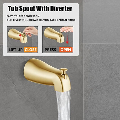 Heyalan 6 Inch Shower Faucet Set with Tub Spout and Valve, Brushed Gold | 6-inch square rainfall head, tub spout with diverter, male-thread rough-in valve, single-handle control and wall-mount design