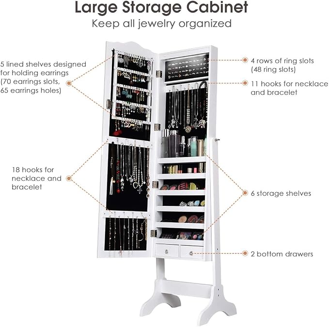 Giantex Jewelry Armoire Organizer with Full Length Mirror, 14 LEDs Floor Standing Jewelry Cabinet with 2 Drawers, 4 Adjustable Angles, Lockable Jewelry Storage Box Cabinet (White)