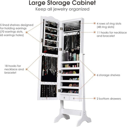 Giantex Jewelry Armoire Organizer with Full Length Mirror, 14 LEDs Floor Standing Jewelry Cabinet with 2 Drawers, 4 Adjustable Angles, Lockable Jewelry Storage Box Cabinet (White)