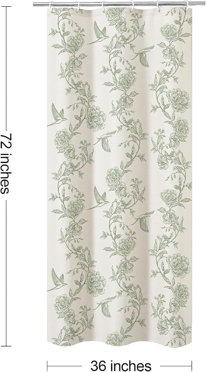 MitoVilla Small Stall Sage Green Cotton Shower Curtain for Bathroom,36 x 72 | Narrow Half Cottagecore Hummingbird Spring Shower Curtains, Modern Farmhouse Country Floral Bathroom Décor, 36 x 72