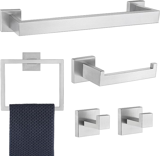 5 Pieces Bathroom Hardware Accessories Set Brushed Nickel, 16Inch Square Towel Racks Set for Bathroom, SUS304 Stainless Steel Towel Bar Set, Bath Accessories Sets Wall Mounted