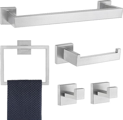 5 Pieces Bathroom Hardware Accessories Set Brushed Nickel, 16Inch Square Towel Racks Set for Bathroom, SUS304 Stainless Steel Towel Bar Set, Bath Accessories Sets Wall Mounted