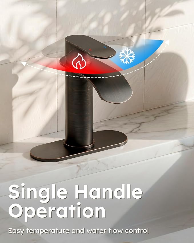 Waterfall Bathroom Faucet Single Handle – WOWOW Modern Oiled Rubbed Bronze Vanity Sink Faucet, Stainless Steel Basin Sink Tap for RV Lavatory 1 or 3 Hole, Hot & Cold Mixer Tap with Pop up Drain