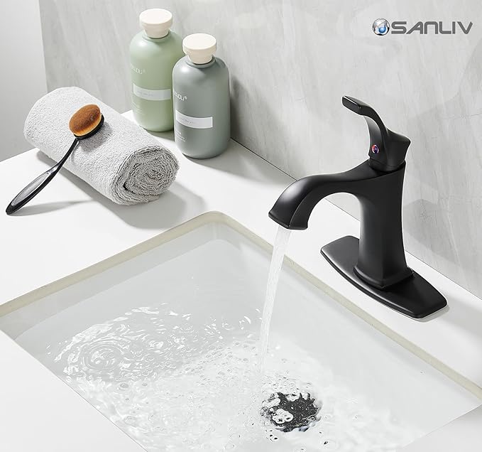 Matte Black Bathroom Faucet 1 Hole, Sanliv Single Handle Bathroom Sink Faucet, Modern Black Vanity Faucet with Deckplate & Pop-Up Drain for One or 3-Hole Farmhouse Sinks