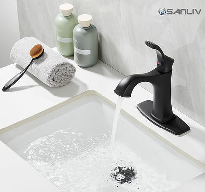 Matte Black Bathroom Faucet 1 Hole, Sanliv Single Handle Bathroom Sink Faucet, Modern Black Vanity Faucet with Deckplate & Pop-Up Drain for One or 3-Hole Farmhouse Sinks