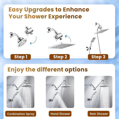 BRIGHT SHOWERS Rain Shower Head with Handheld Spray, 8 Inch High Pressure Rainfall Shower Head Combo with 60” Hose, Adjustable Dual Square Showerhead with 3-Way Diverter, Wall Bracket, Chrome