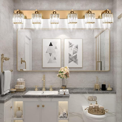 Aipsun Bathroom Vanity Light Brass Crystal Vanity Lighting Fixtures 6 Light Modern Bathroom Lighting Fixtures (Exclude Bulb)